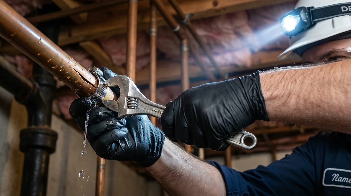 Emergency pipe clamp repair being performed by a Johns Plumbing LLC plumber in Pullman