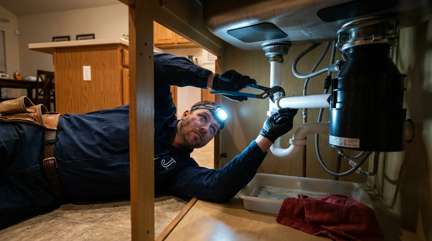 P-trap and supply line connections under a kitchen sink showing a common leak point in Pullman, WA